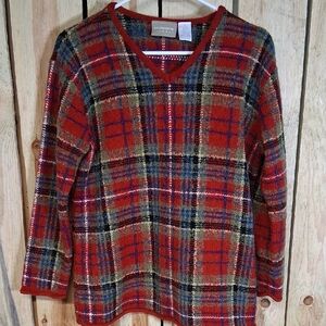 Vintage Liz Claiborne Red And Green Plaid Wool Blend Sweater Size M Holiday